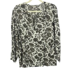 Lucky Brand Soft Modal Gray Floral Peasant Tie Neck Long Sleeve Large Blouse